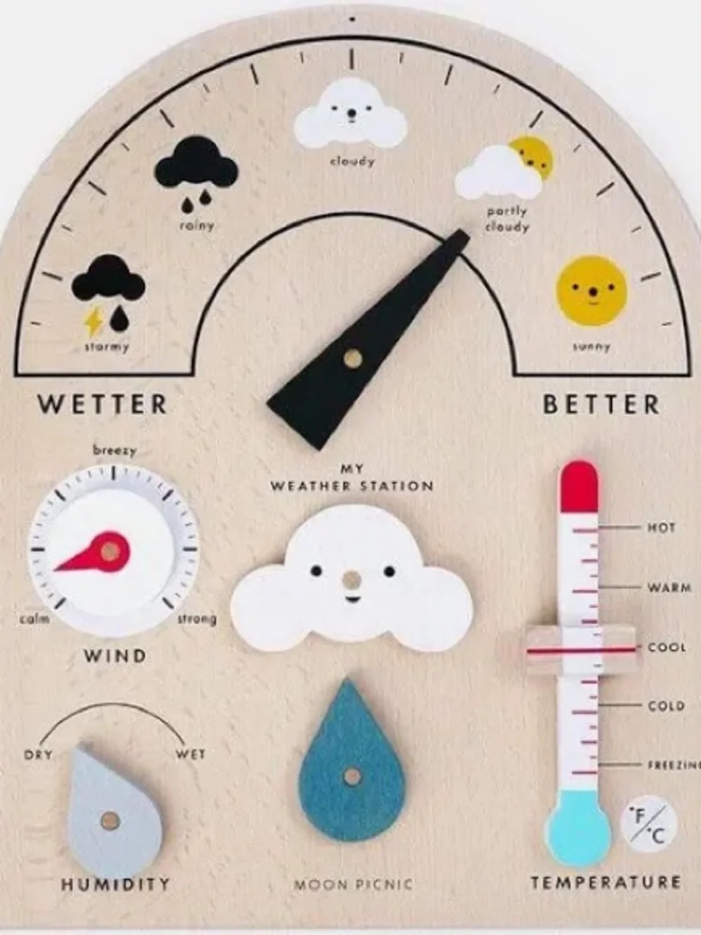 Moon Picnic Weather Station - Natural Wood with Red & Blue Accents